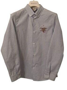Gucci Boy’s Blue White Stripe Tiger Embroidered Design Button Down Shirt Size 12